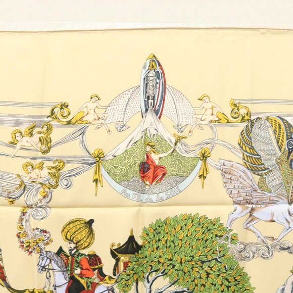 HERMES Carre 90 Scarf ""Au FIL de la SOIE"" Silk Beige Auth - Picture 11 of 13
